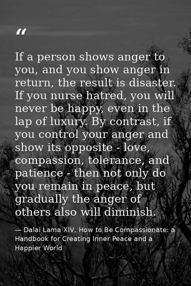 If a person shows anger to you, and you show anger in return, the result is disaster. If you nurse hatred, you will neve — Dalai Lama XIV, How to Be Compassionate: a Handbook for Creating Inner Peace and a Happier World