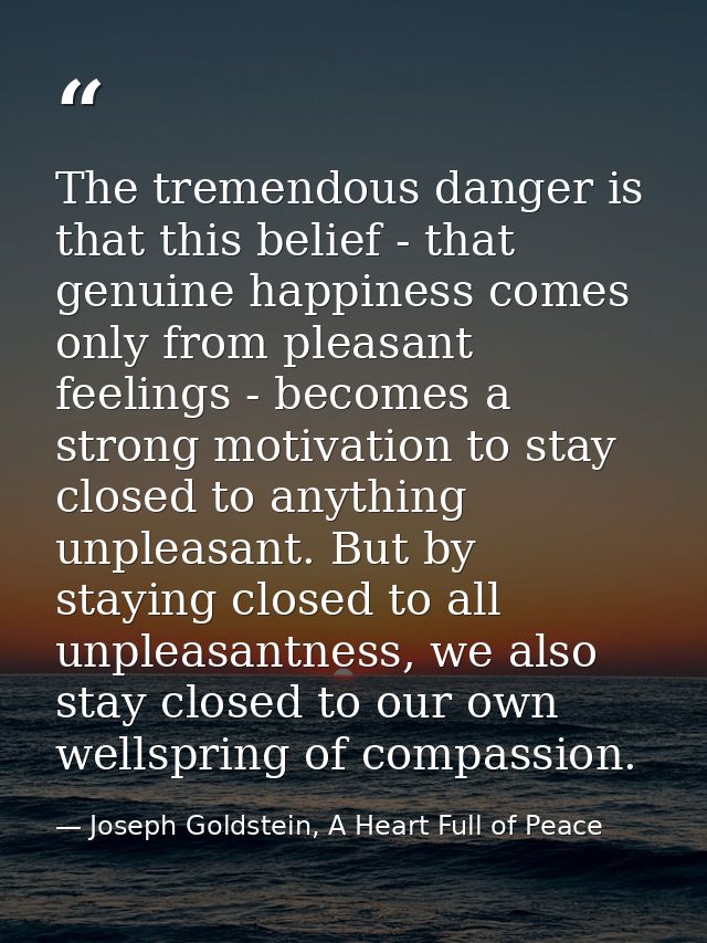 The tremendous danger is that this belief - that genuine happiness comes only from pleasant feelings - becomes a strong  — Joseph Goldstein, A Heart Full of Peace