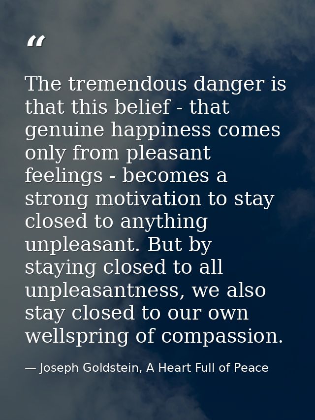The tremendous danger is that this belief - that genuine happiness comes only from pleasant feelings - becomes a strong  — Joseph Goldstein, A Heart Full of Peace