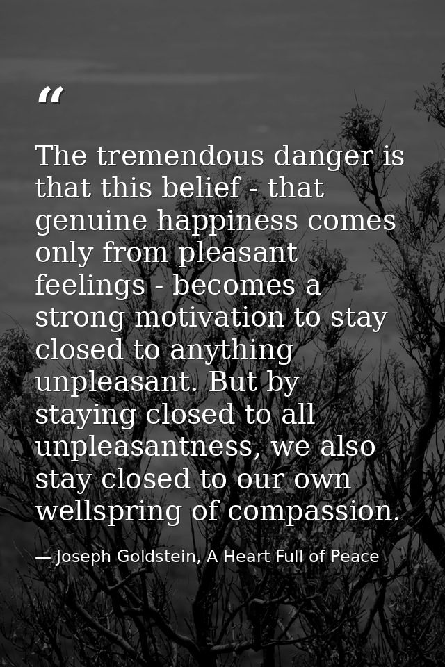 The tremendous danger is that this belief - that genuine happiness comes only from pleasant feelings - becomes a strong  — Joseph Goldstein, A Heart Full of Peace