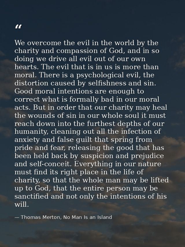 We overcome the evil in the world by the charity and compassion of God, and in so doing we drive all evil out of our own — Thomas Merton, No Man Is an Island
