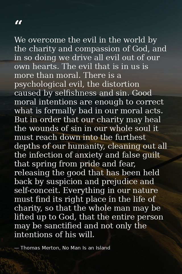 We overcome the evil in the world by the charity and compassion of God, and in so doing we drive all evil out of our own — Thomas Merton, No Man Is an Island