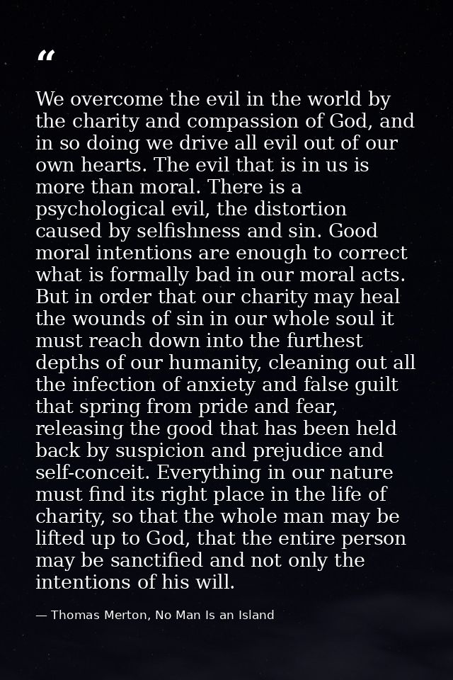 We overcome the evil in the world by the charity and compassion of God, and in so doing we drive all evil out of our own — Thomas Merton, No Man Is an Island