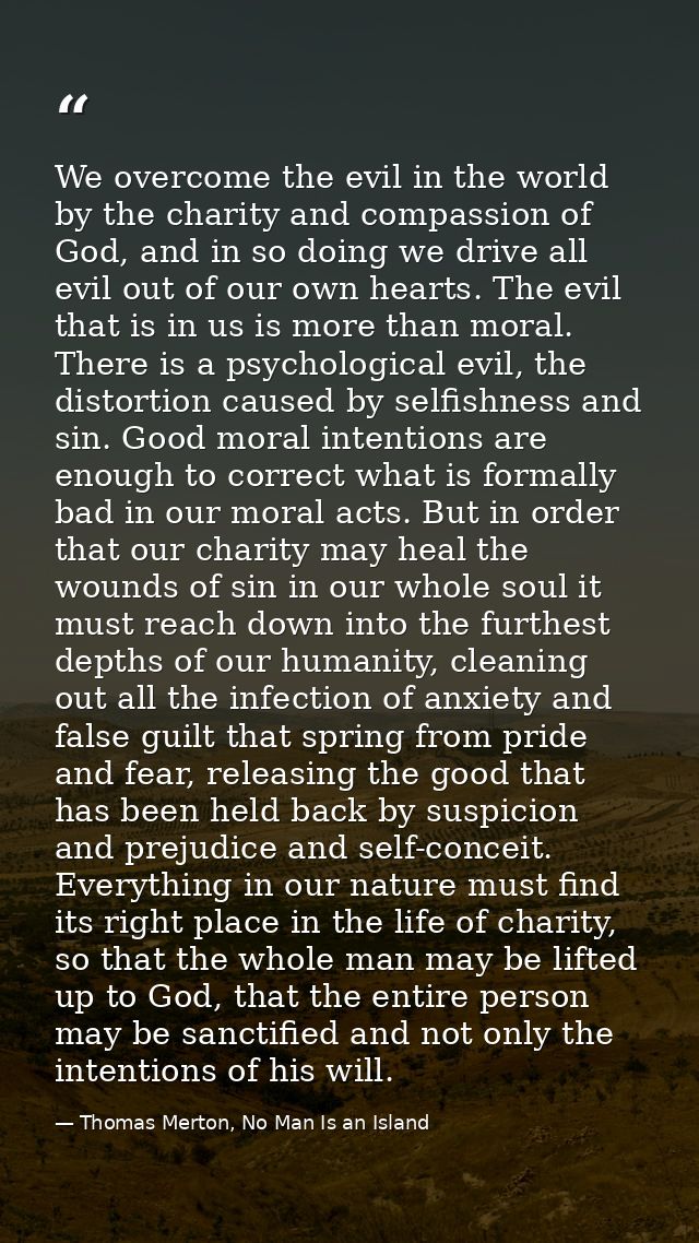 We overcome the evil in the world by the charity and compassion of God, and in so doing we drive all evil out of our own — Thomas Merton, No Man Is an Island