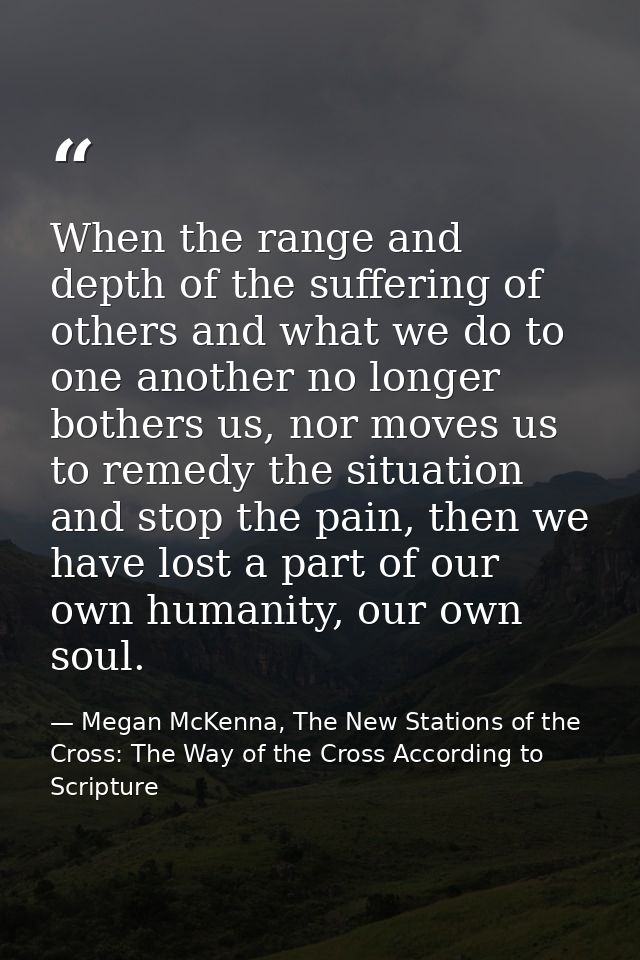 When the range and depth of the suffering of others and what we do to one another no longer bothers us, nor moves us to  — Megan McKenna, The New Stations of the Cross: The Way of the Cross According to Scripture