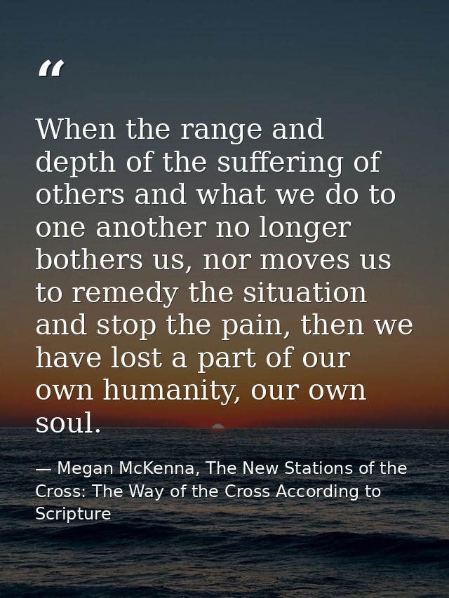 When the range and depth of the suffering of others and what we do to one another no longer bothers us, nor moves us to  — Megan McKenna, The New Stations of the Cross: The Way of the Cross According to Scripture