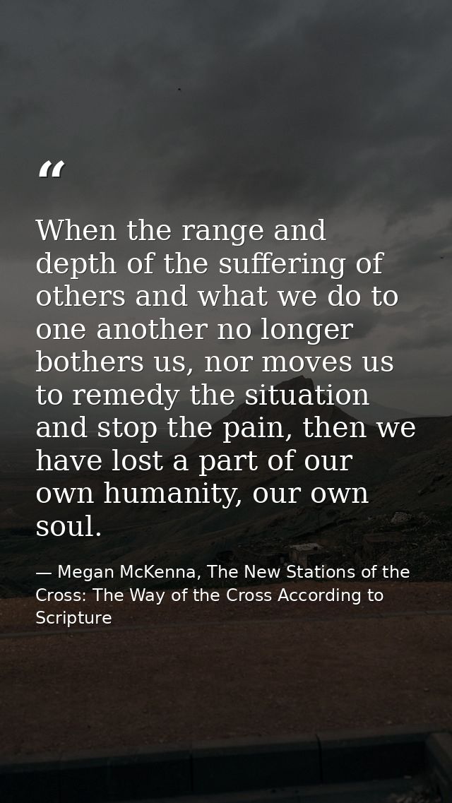 When the range and depth of the suffering of others and what we do to one another no longer bothers us, nor moves us to  — Megan McKenna, The New Stations of the Cross: The Way of the Cross According to Scripture