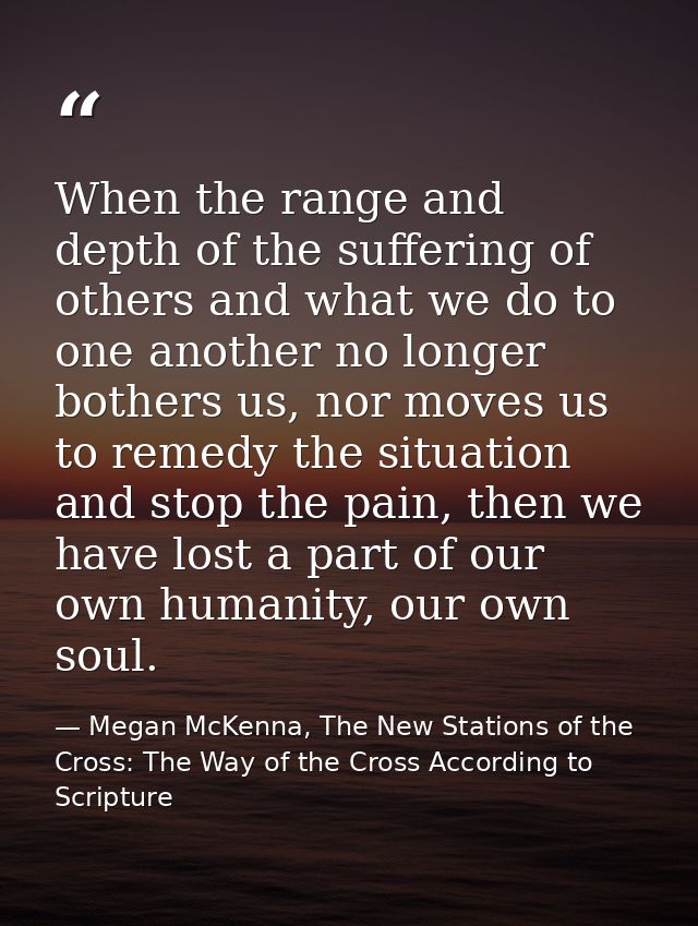 When the range and depth of the suffering of others and what we do to one another no longer bothers us, nor moves us to  — Megan McKenna, The New Stations of the Cross: The Way of the Cross According to Scripture