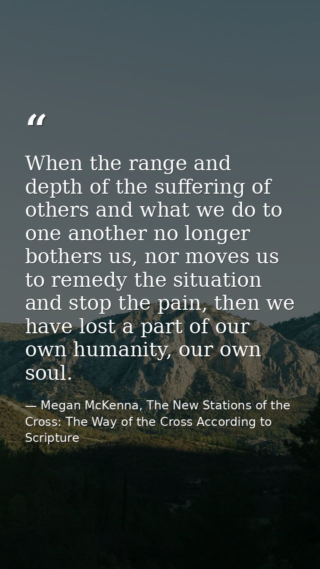When the range and depth of the suffering of others and what we do to one another no longer bothers us, nor moves us to  — Megan McKenna, The New Stations of the Cross: The Way of the Cross According to Scripture