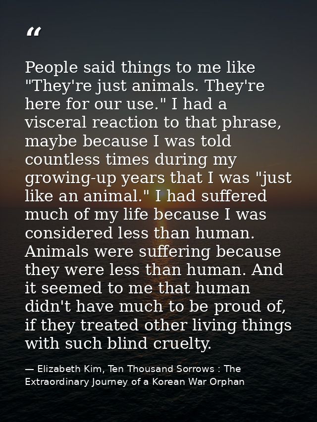 People said things to me like "They're just animals. They're here for our use." I had a visceral reaction to that phrase — Elizabeth Kim, Ten Thousand Sorrows : The Extraordinary Journey of a Korean War Orphan