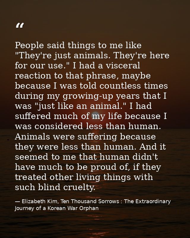 People said things to me like "They're just animals. They're here for our use." I had a visceral reaction to that phrase — Elizabeth Kim, Ten Thousand Sorrows : The Extraordinary Journey of a Korean War Orphan