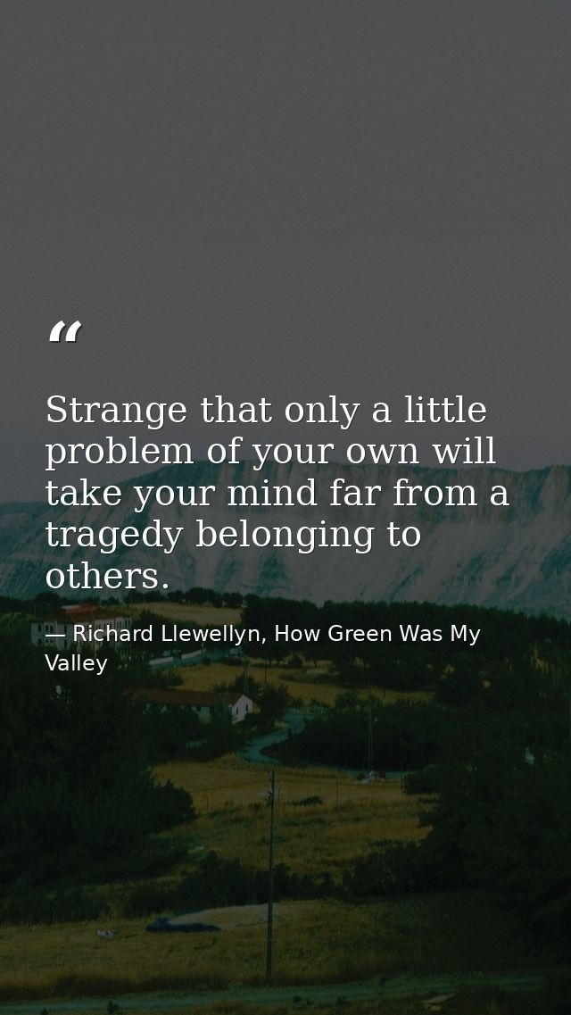 Strange that only a little problem of your own will take your mind far from a tragedy belonging to others. — Richard Llewellyn, How Green Was My Valley