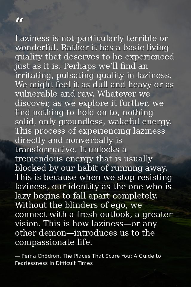 Laziness is not particularly terrible or wonderful. Rather it has a basic living quality that deserves to be experienced — Pema Chödrön, The Places That Scare You: A Guide to Fearlessness in Difficult Times