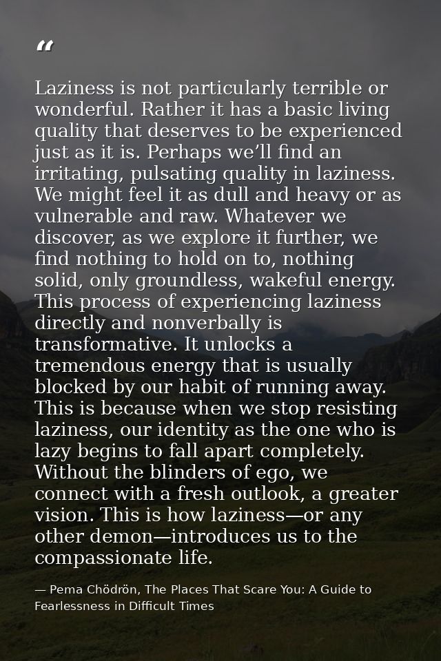 Laziness is not particularly terrible or wonderful. Rather it has a basic living quality that deserves to be experienced — Pema Chödrön, The Places That Scare You: A Guide to Fearlessness in Difficult Times