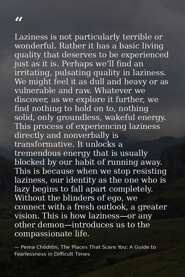 Laziness is not particularly terrible or wonderful. Rather it has a basic living quality that deserves to be experienced — Pema Chödrön, The Places That Scare You: A Guide to Fearlessness in Difficult Times