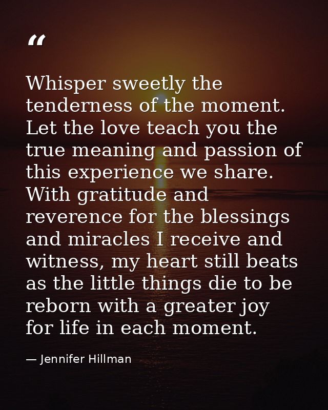 Whisper sweetly the tenderness of the moment. Let the love teach you the true meaning and passion of this experience we  — Jennifer Hillman