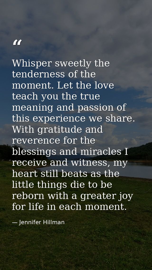 Whisper sweetly the tenderness of the moment. Let the love teach you the true meaning and passion of this experience we  — Jennifer Hillman