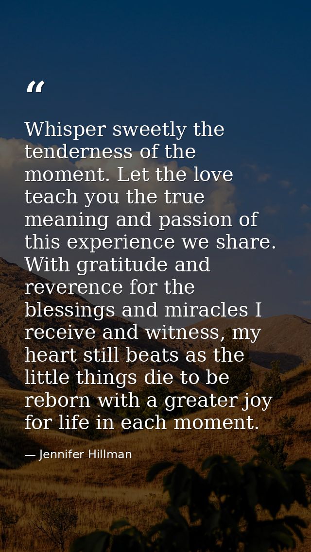 Whisper sweetly the tenderness of the moment. Let the love teach you the true meaning and passion of this experience we  — Jennifer Hillman