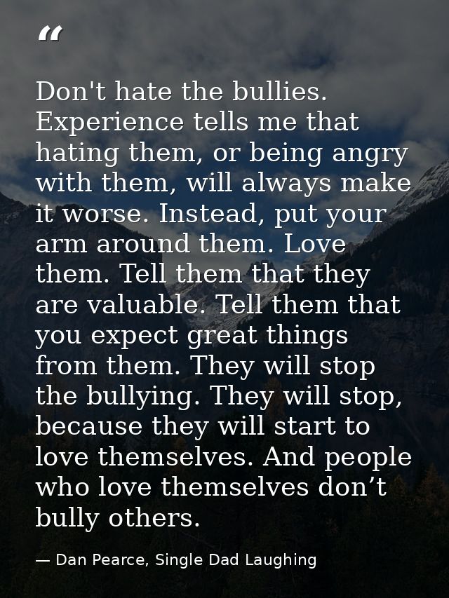 Don't hate the bullies. Experience tells me that hating them, or being angry with them, will always make it worse. Inste — Dan Pearce, Single Dad Laughing