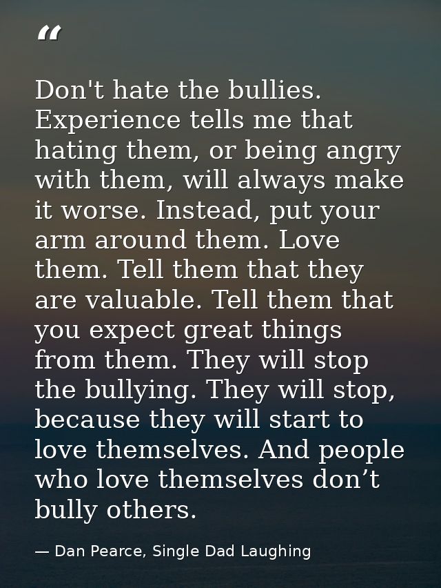 Don't hate the bullies. Experience tells me that hating them, or being angry with them, will always make it worse. Inste — Dan Pearce, Single Dad Laughing