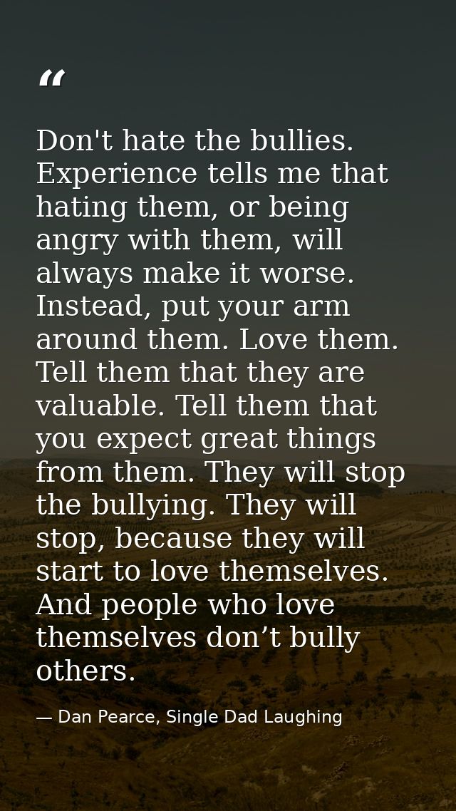 Don't hate the bullies. Experience tells me that hating them, or being angry with them, will always make it worse. Inste — Dan Pearce, Single Dad Laughing