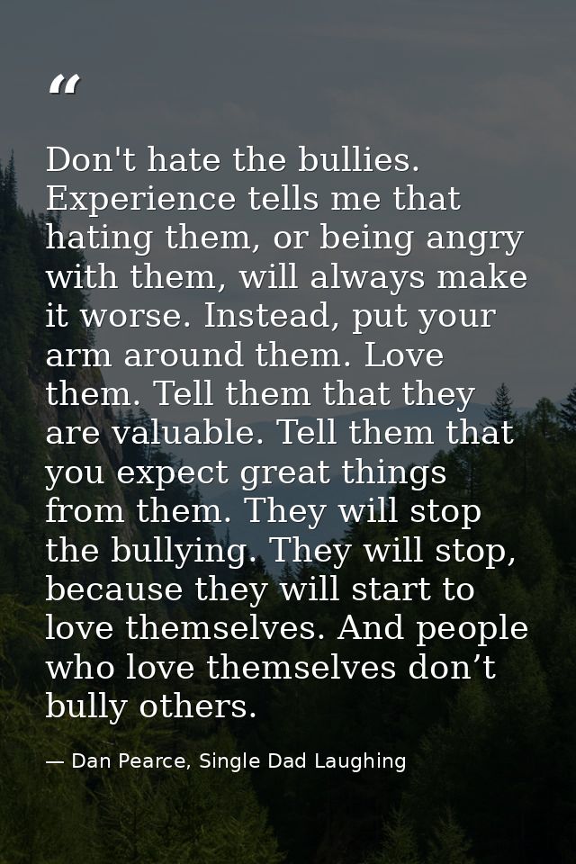 Don't hate the bullies. Experience tells me that hating them, or being angry with them, will always make it worse. Inste — Dan Pearce, Single Dad Laughing