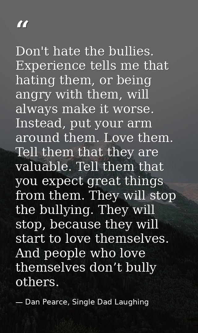 Don't hate the bullies. Experience tells me that hating them, or being angry with them, will always make it worse. Inste — Dan Pearce, Single Dad Laughing