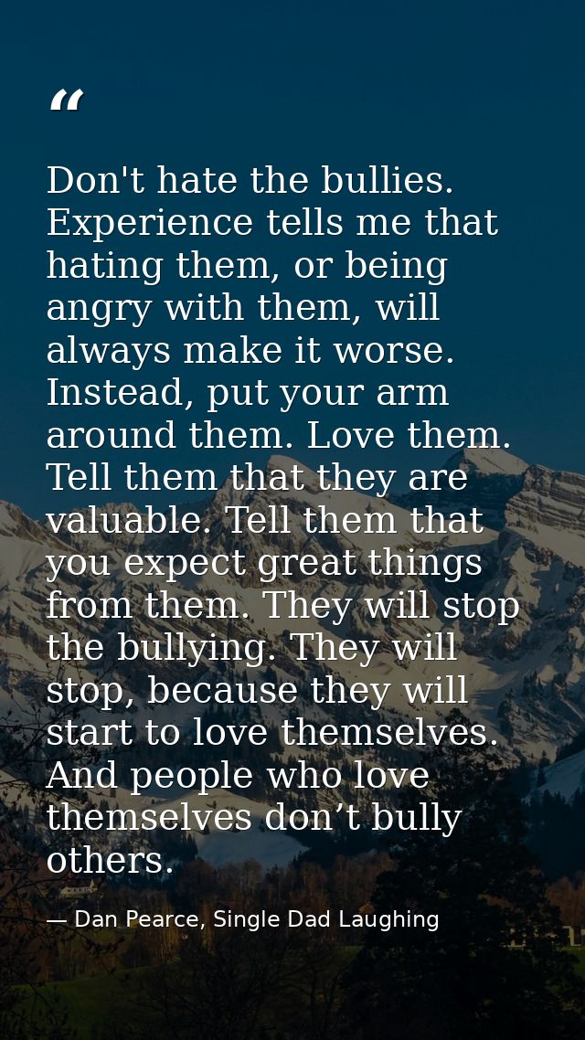 Don't hate the bullies. Experience tells me that hating them, or being angry with them, will always make it worse. Inste — Dan Pearce, Single Dad Laughing