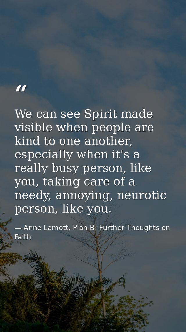 We can see Spirit made visible when people are kind to one another, especially when it's a really busy person, like you, — Anne Lamott, Plan B: Further Thoughts on Faith
