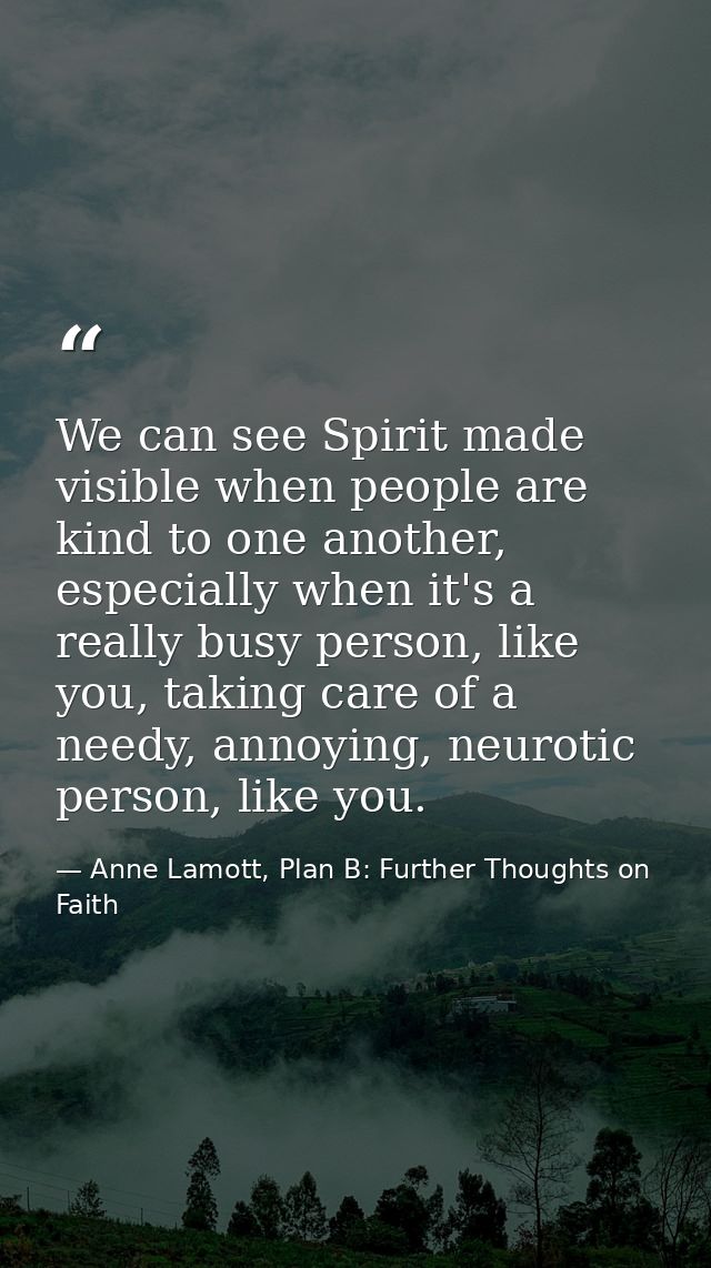 We can see Spirit made visible when people are kind to one another, especially when it's a really busy person, like you, — Anne Lamott, Plan B: Further Thoughts on Faith