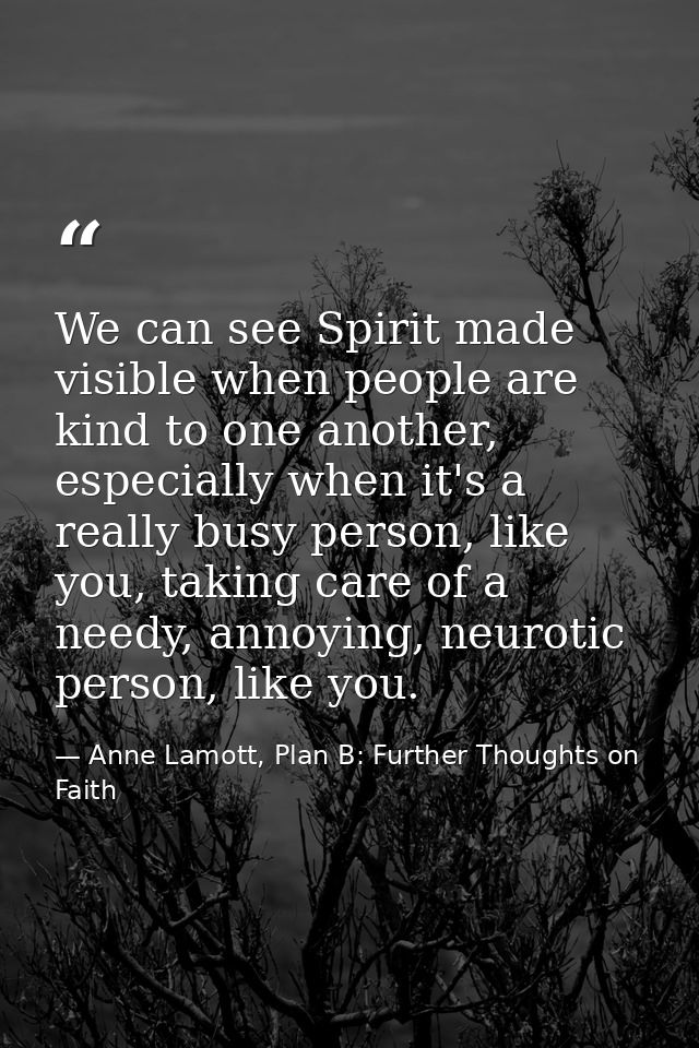 We can see Spirit made visible when people are kind to one another, especially when it's a really busy person, like you, — Anne Lamott, Plan B: Further Thoughts on Faith