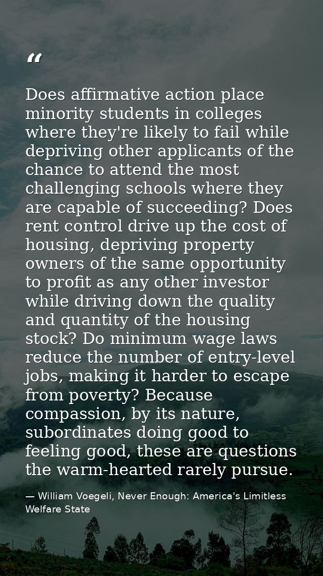 Does affirmative action place minority students in colleges where they're likely to fail while depriving other applicant — William Voegeli, Never Enough: America's Limitless Welfare State