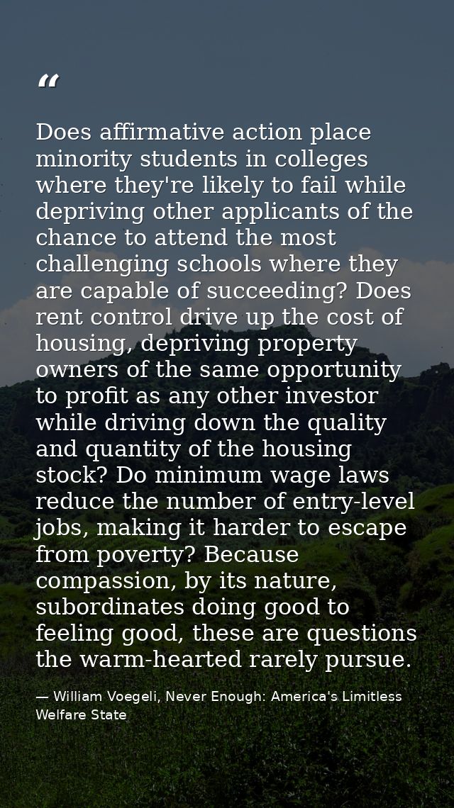Does affirmative action place minority students in colleges where they're likely to fail while depriving other applicant — William Voegeli, Never Enough: America's Limitless Welfare State