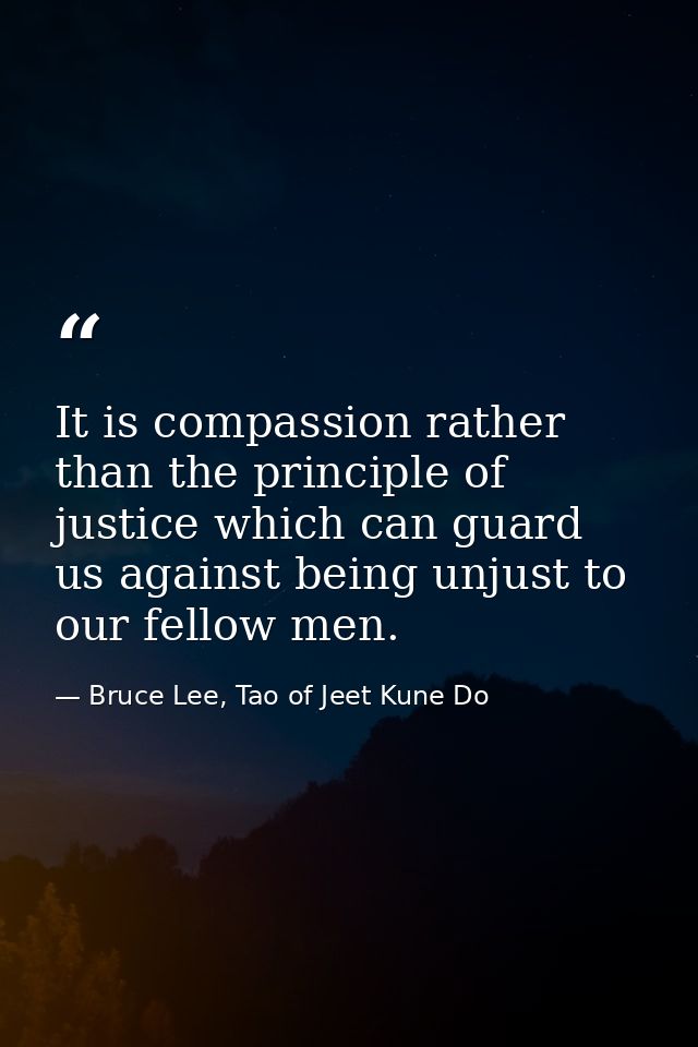 It is compassion rather than the principle of justice which can guard us against being unjust to our fellow men. — Bruce Lee, Tao of Jeet Kune Do