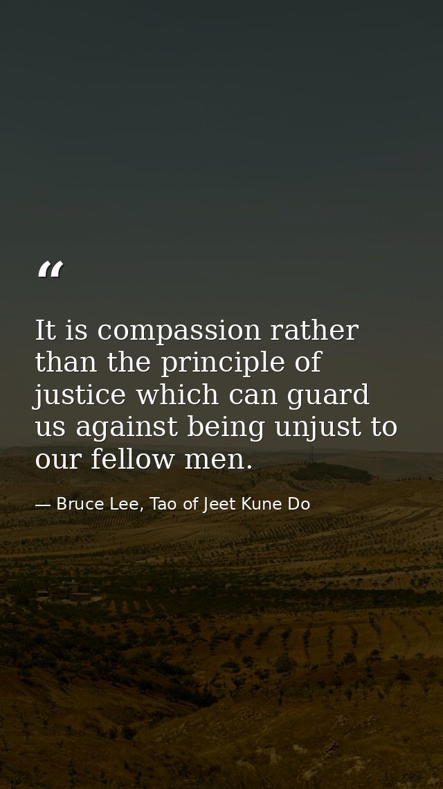 It is compassion rather than the principle of justice which can guard us against being unjust to our fellow men. — Bruce Lee, Tao of Jeet Kune Do
