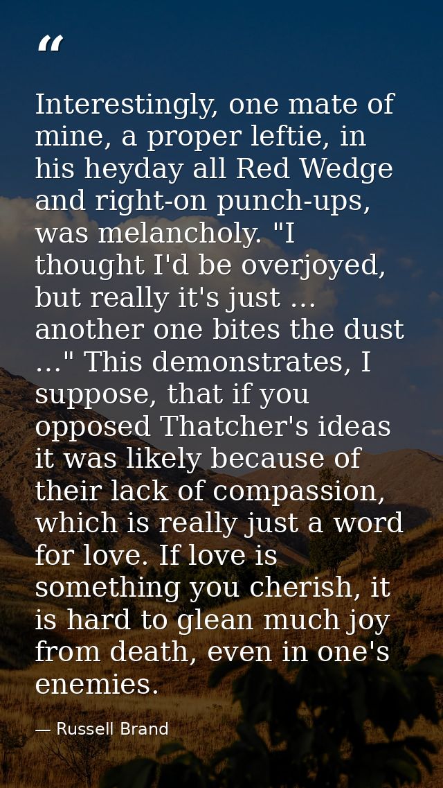 Interestingly, one mate of mine, a proper leftie, in his heyday all Red Wedge and right-on punch-ups, was melancholy. "I — Russell Brand
