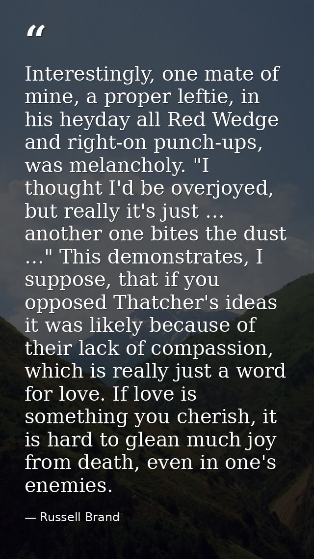 Interestingly, one mate of mine, a proper leftie, in his heyday all Red Wedge and right-on punch-ups, was melancholy. "I — Russell Brand
