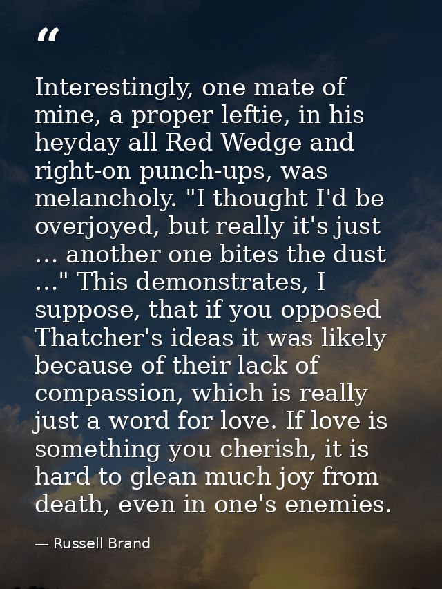 Interestingly, one mate of mine, a proper leftie, in his heyday all Red Wedge and right-on punch-ups, was melancholy. "I — Russell Brand