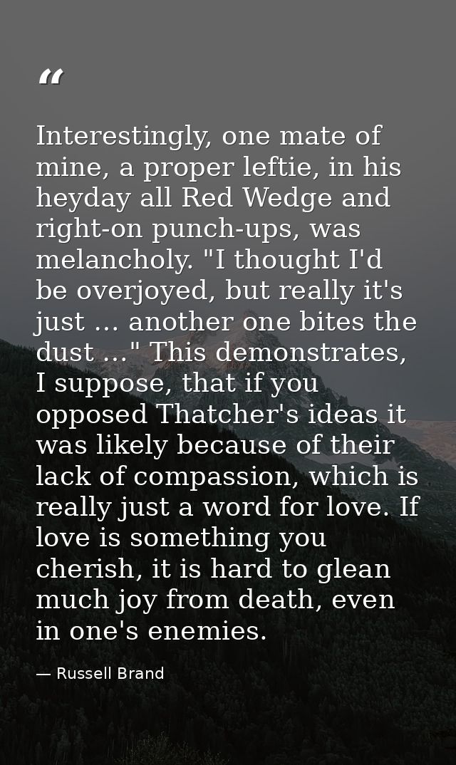 Interestingly, one mate of mine, a proper leftie, in his heyday all Red Wedge and right-on punch-ups, was melancholy. "I — Russell Brand