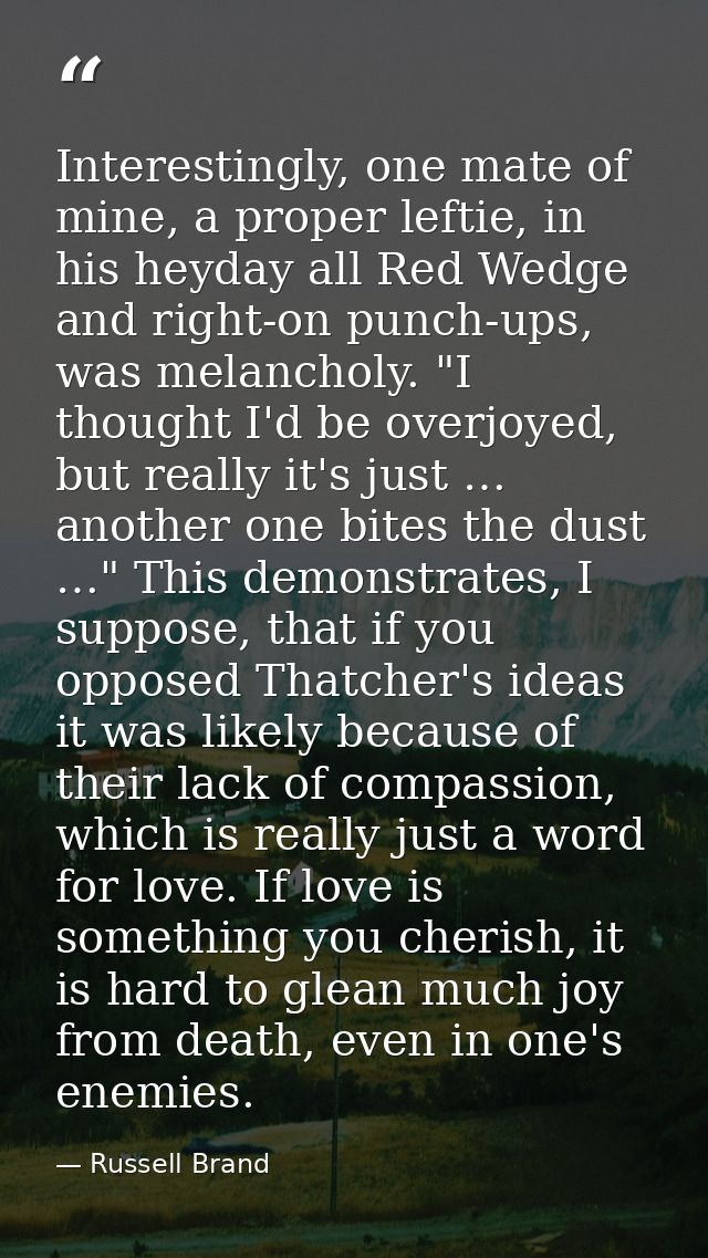 Interestingly, one mate of mine, a proper leftie, in his heyday all Red Wedge and right-on punch-ups, was melancholy. "I — Russell Brand
