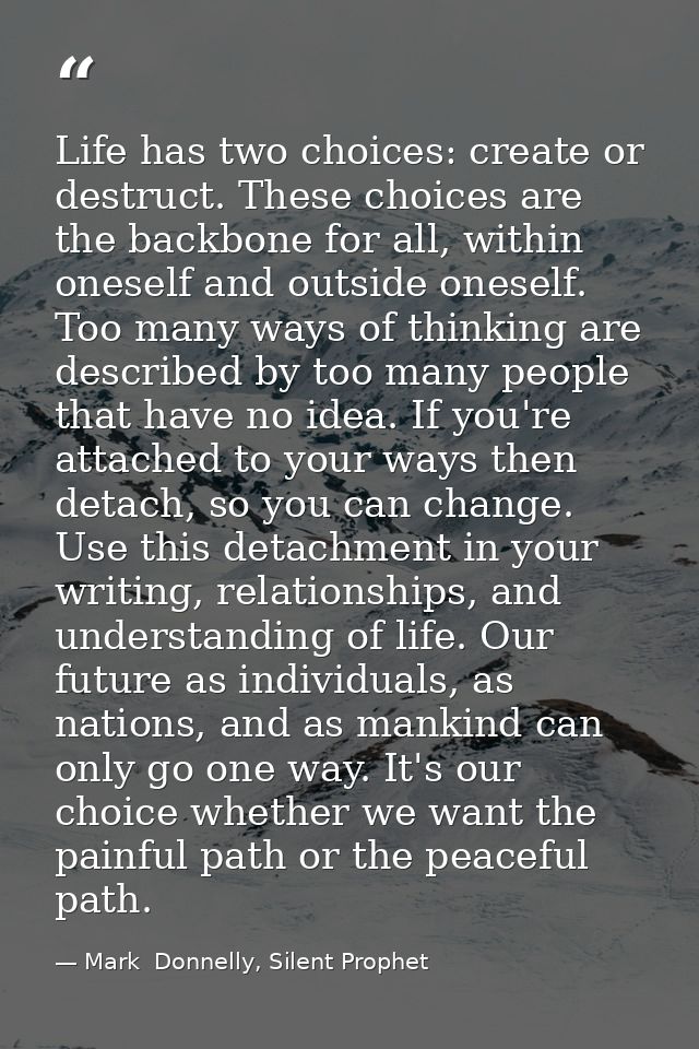 Life has two choices: create or destruct. These choices are the backbone for all, within oneself and outside oneself. To — Mark  Donnelly, Silent Prophet