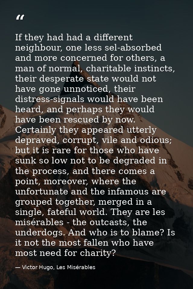 If they had had a different neighbour, one less sel-absorbed and more concerned for others, a man of normal, charitable  — Victor Hugo, Les Misérables