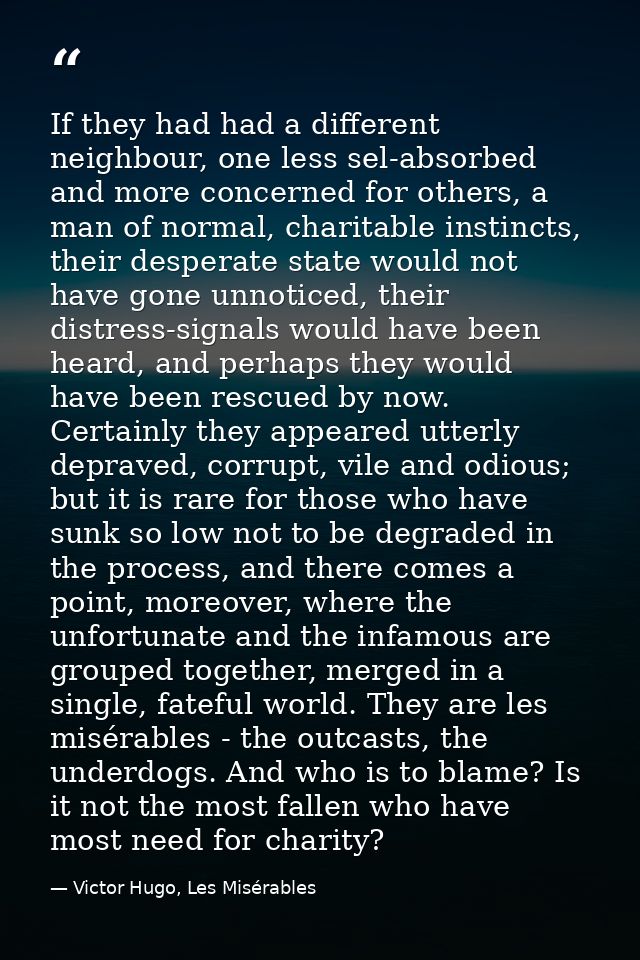 If they had had a different neighbour, one less sel-absorbed and more concerned for others, a man of normal, charitable  — Victor Hugo, Les Misérables