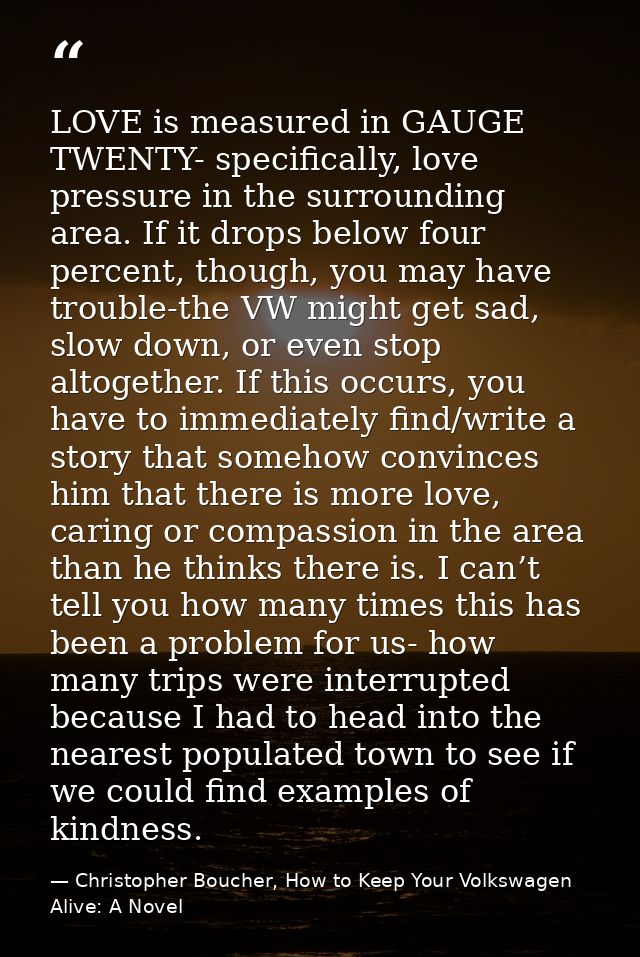 LOVE is measured in GAUGE TWENTY- specifically, love pressure in the surrounding area. If it drops below four percent, t — Christopher Boucher, How to Keep Your Volkswagen Alive: A Novel