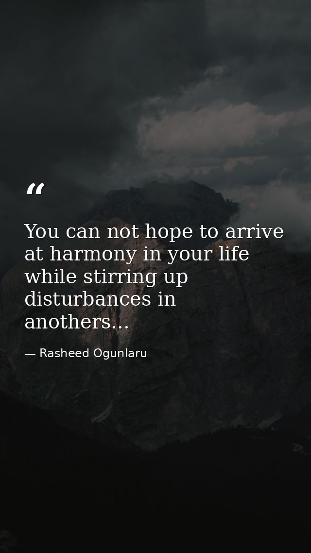 You can not hope to arrive at harmony in your life while stirring up disturbances in anothers... — Rasheed Ogunlaru