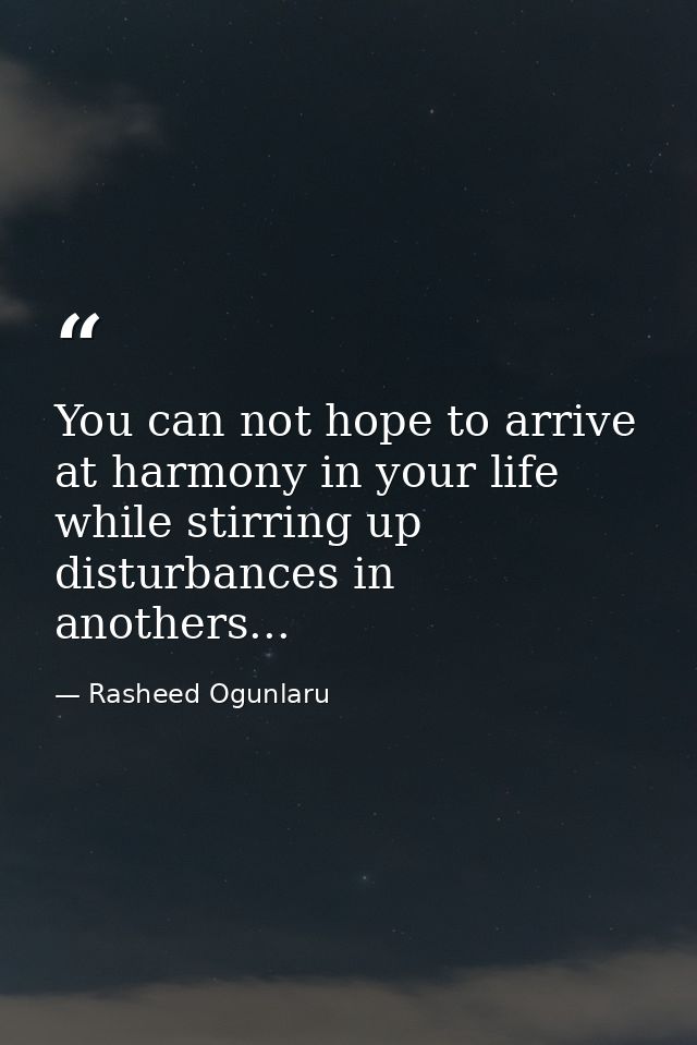 You can not hope to arrive at harmony in your life while stirring up disturbances in anothers... — Rasheed Ogunlaru