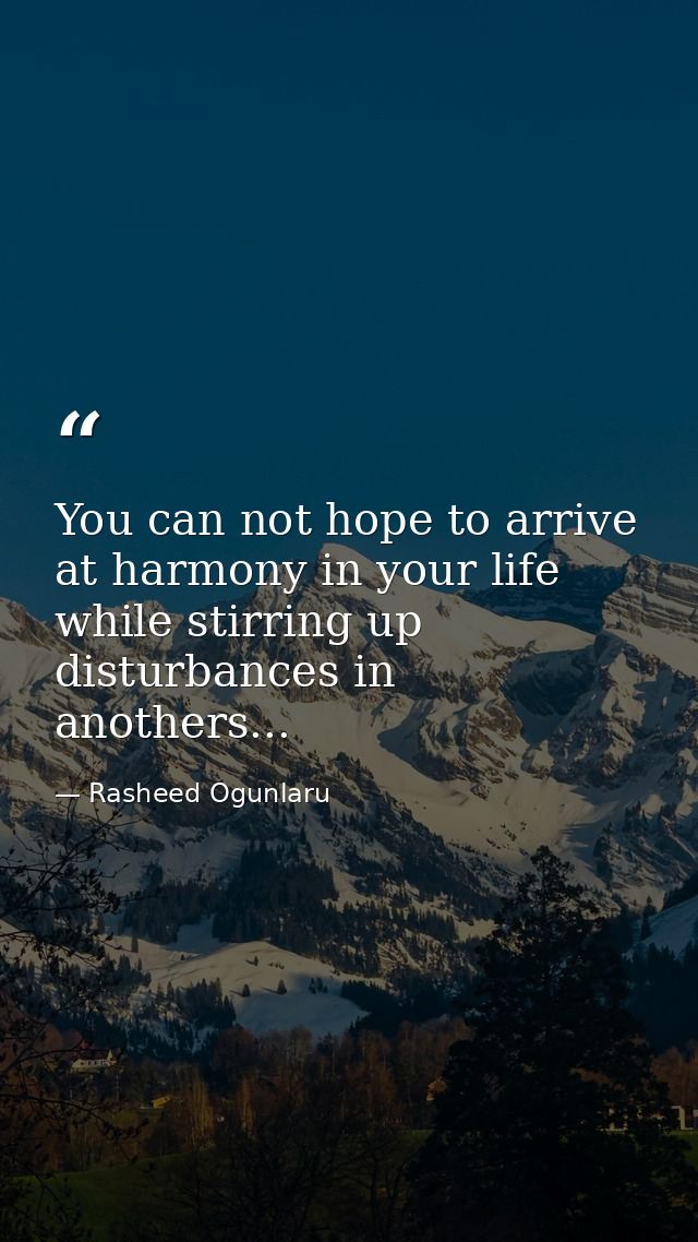 You can not hope to arrive at harmony in your life while stirring up disturbances in anothers... — Rasheed Ogunlaru