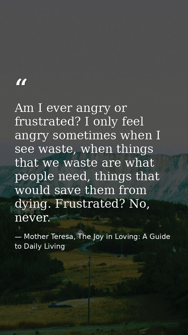 Am I ever angry or frustrated? I only feel angry sometimes when I see waste, when things that we waste are what people n — Mother Teresa, The Joy in Loving: A Guide to Daily Living