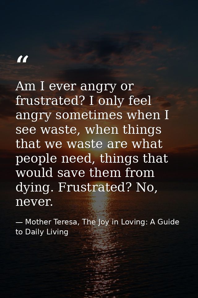 Am I ever angry or frustrated? I only feel angry sometimes when I see waste, when things that we waste are what people n — Mother Teresa, The Joy in Loving: A Guide to Daily Living