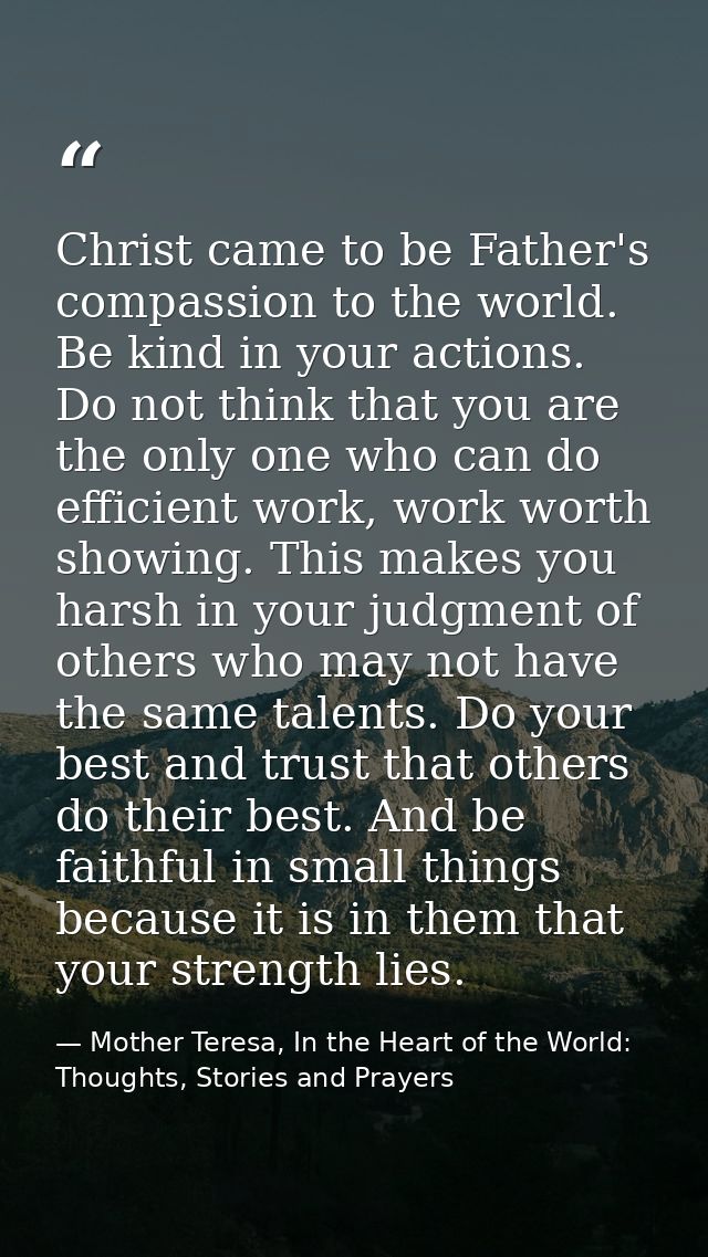 Christ came to be Father's compassion to the world. Be kind in your actions. Do not think that you are the only one who  — Mother Teresa, In the Heart of the World: Thoughts, Stories and Prayers